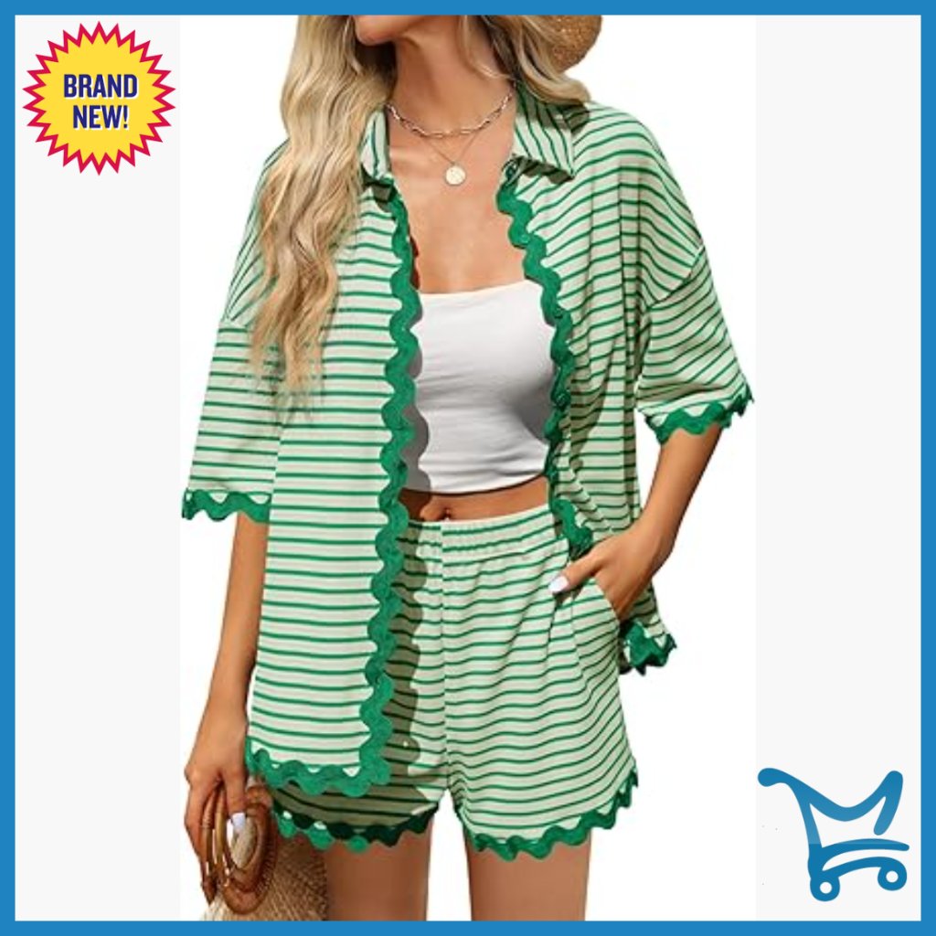 Women's 2 Piece Lounge Set Short Sleeve Button Down Shirt & Elastic Waist Shorts